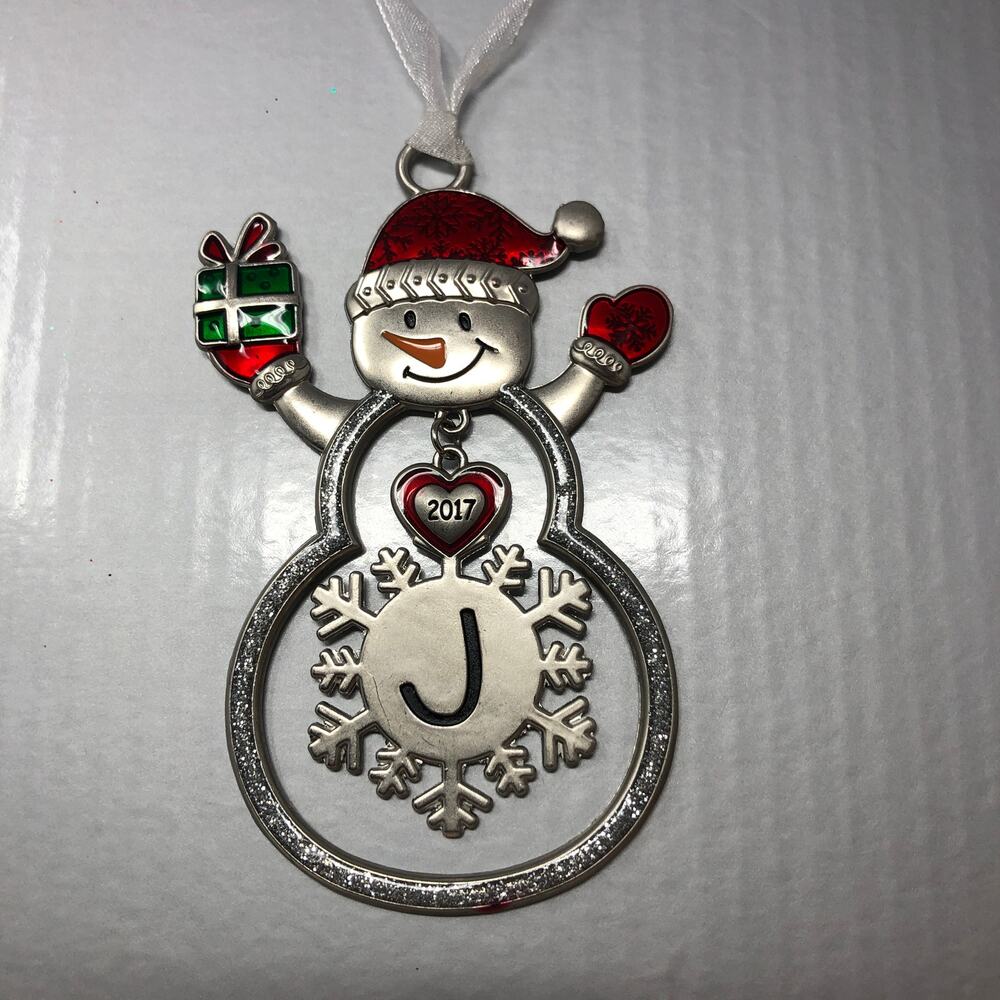 Metal Monogram Letter "J" Snowman Snowflake Christmas Ornament 2017 Glitter